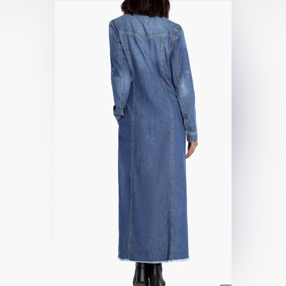Wash Lab Women's Small Blue Cotton Long Sleeve Denim Maxi Raw Hem Shirtdress - Picture 3 of 12